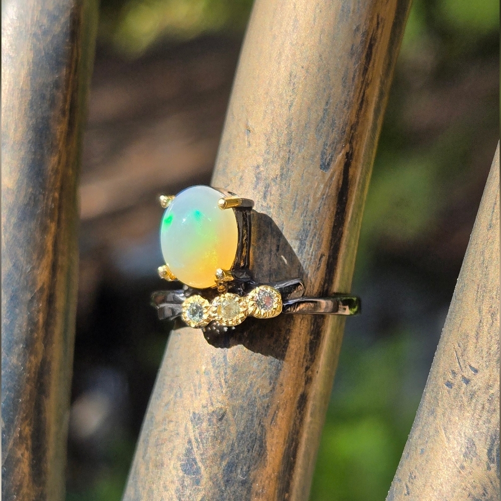 Opal & Topaz Natural Gemstone Stetling Rhodium & Gold Ring Sz7 - Picture 6 of 9